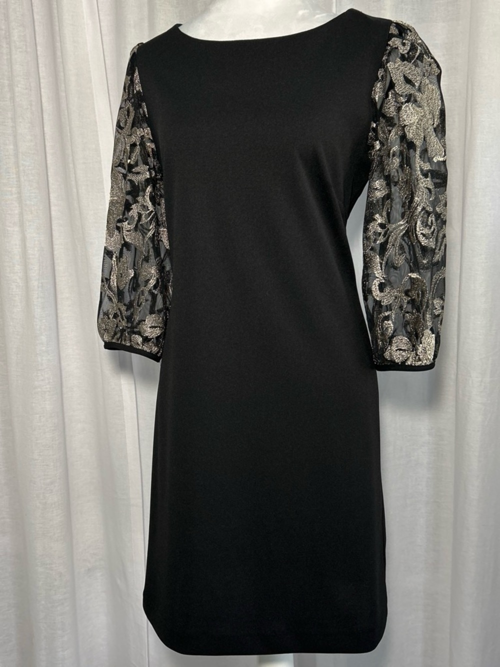 connected apparel Black Midi Dress with Silver Lace Sleeves